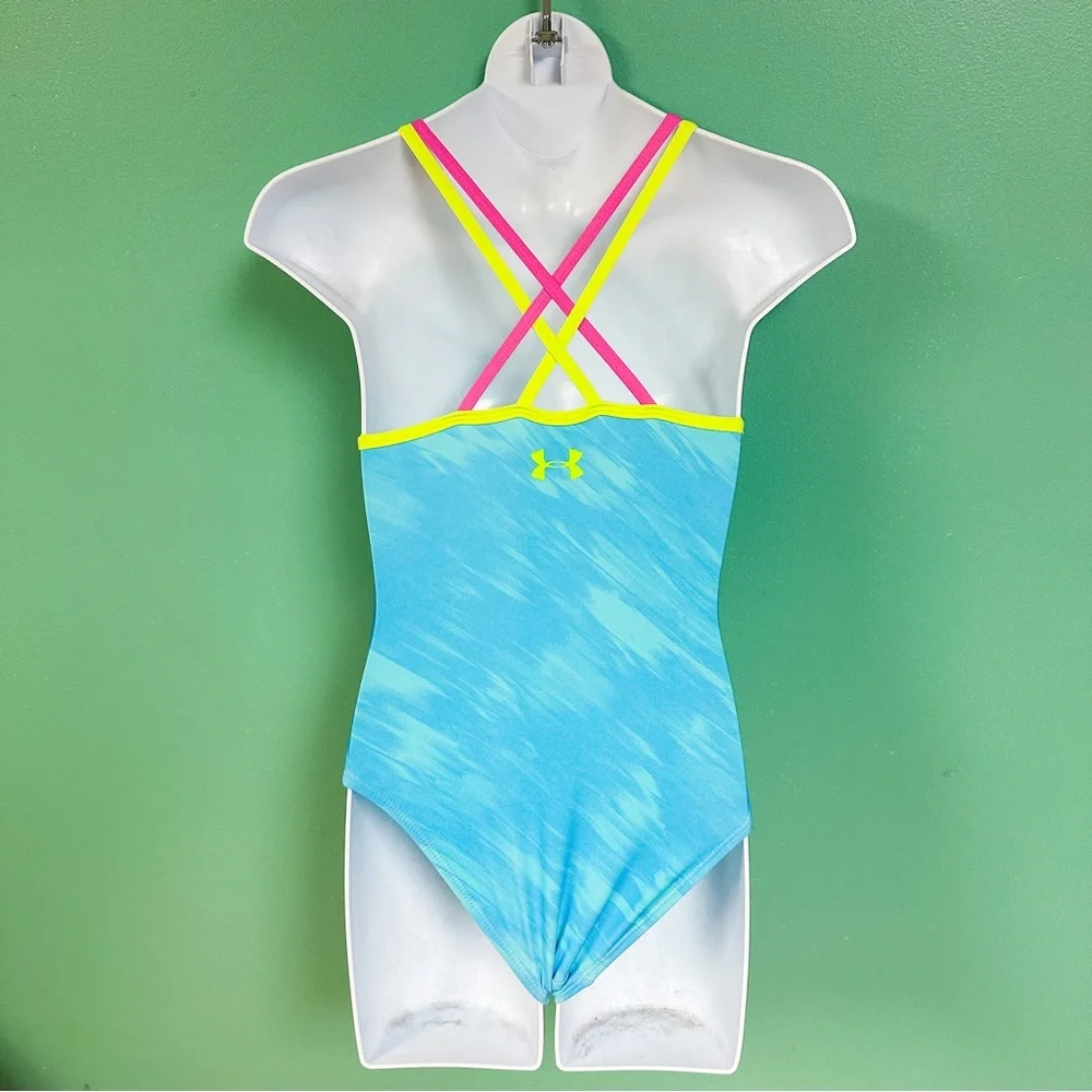 Under Armour Neon Blue Yellow & Pink Double Racerback One Piece Swimsuit Size 7